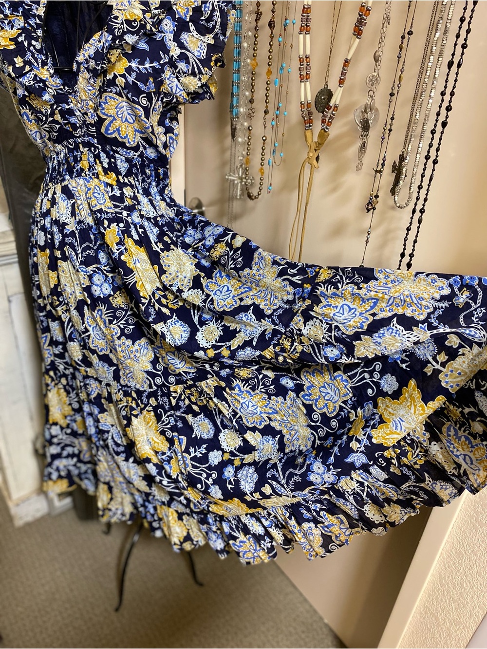 Elan Navy and Yellow Floral Ruffled Midi Dress - Picture 12 of 16